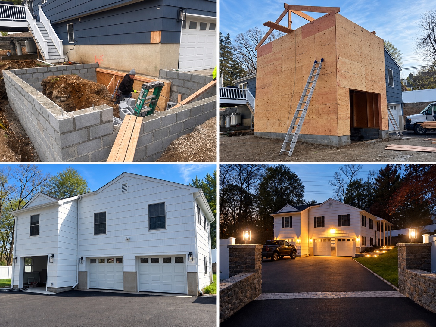 Progress from home addition foundation to completed garage