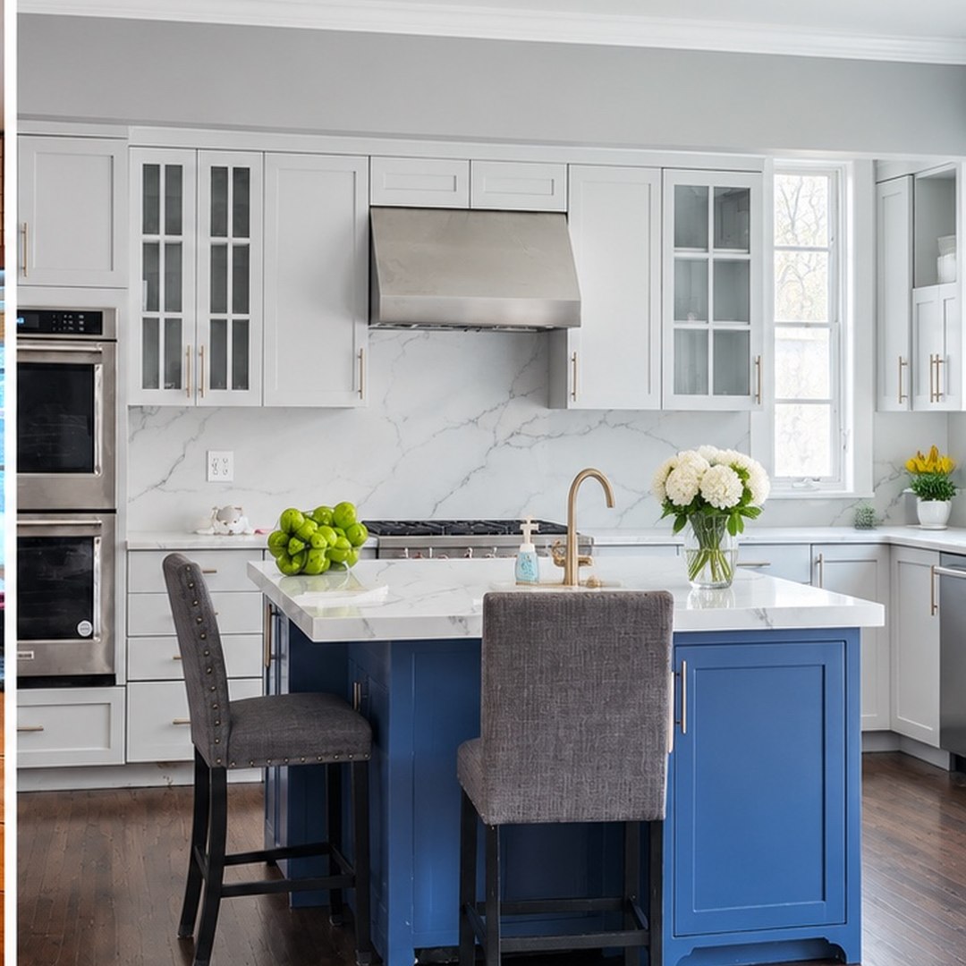 Completed kitchen renovation with navy island and white cabinetry