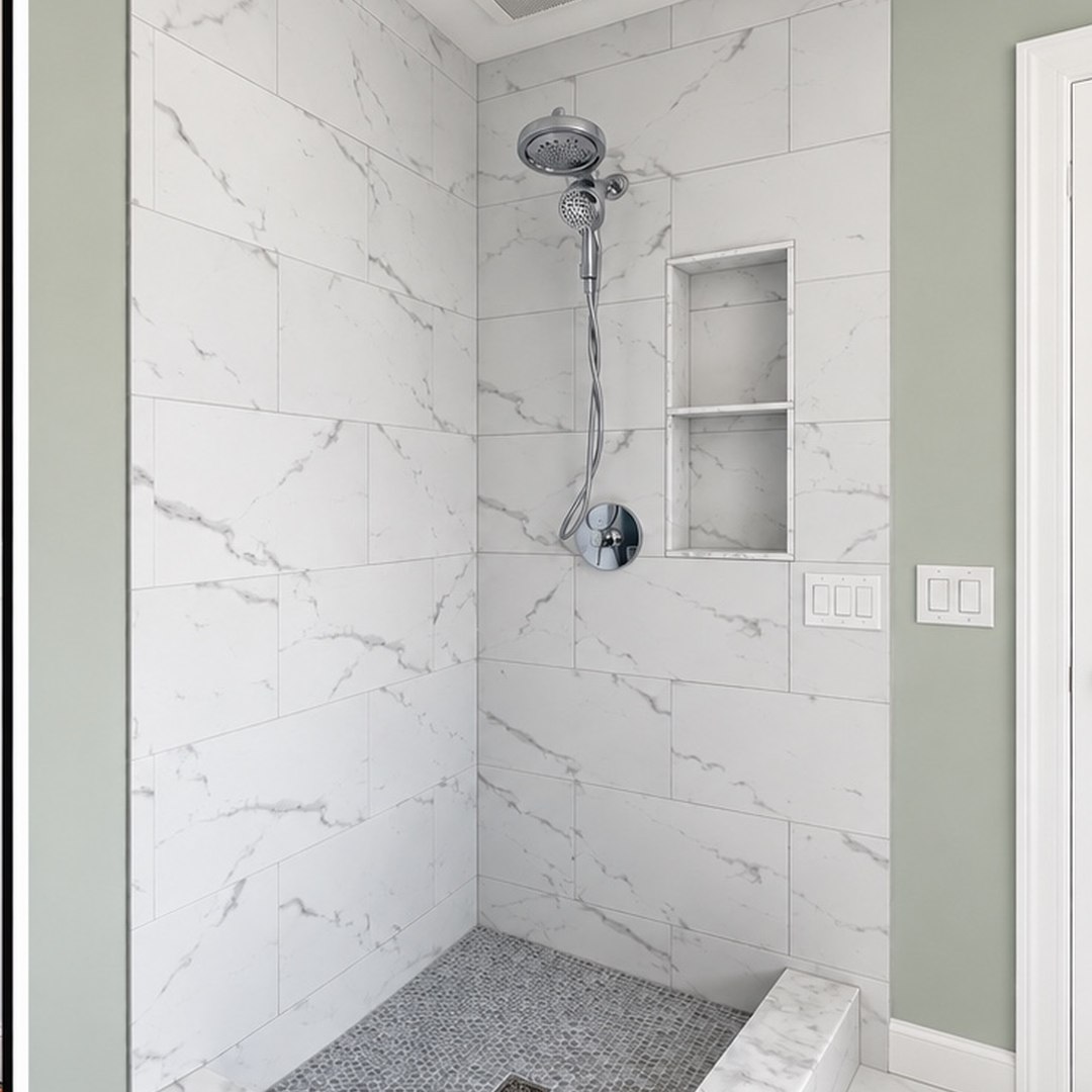 Completed marble-look tiled shower with chrome fixtures